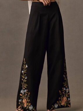 Anthropologie Ranna Gill Embroidered Linen Pants